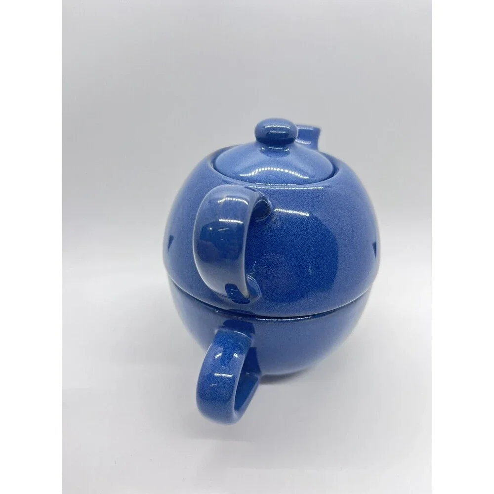 Blue PIER 1 Stoneware Teapot W/Mug Set ~ Stackable 3 Piece Set